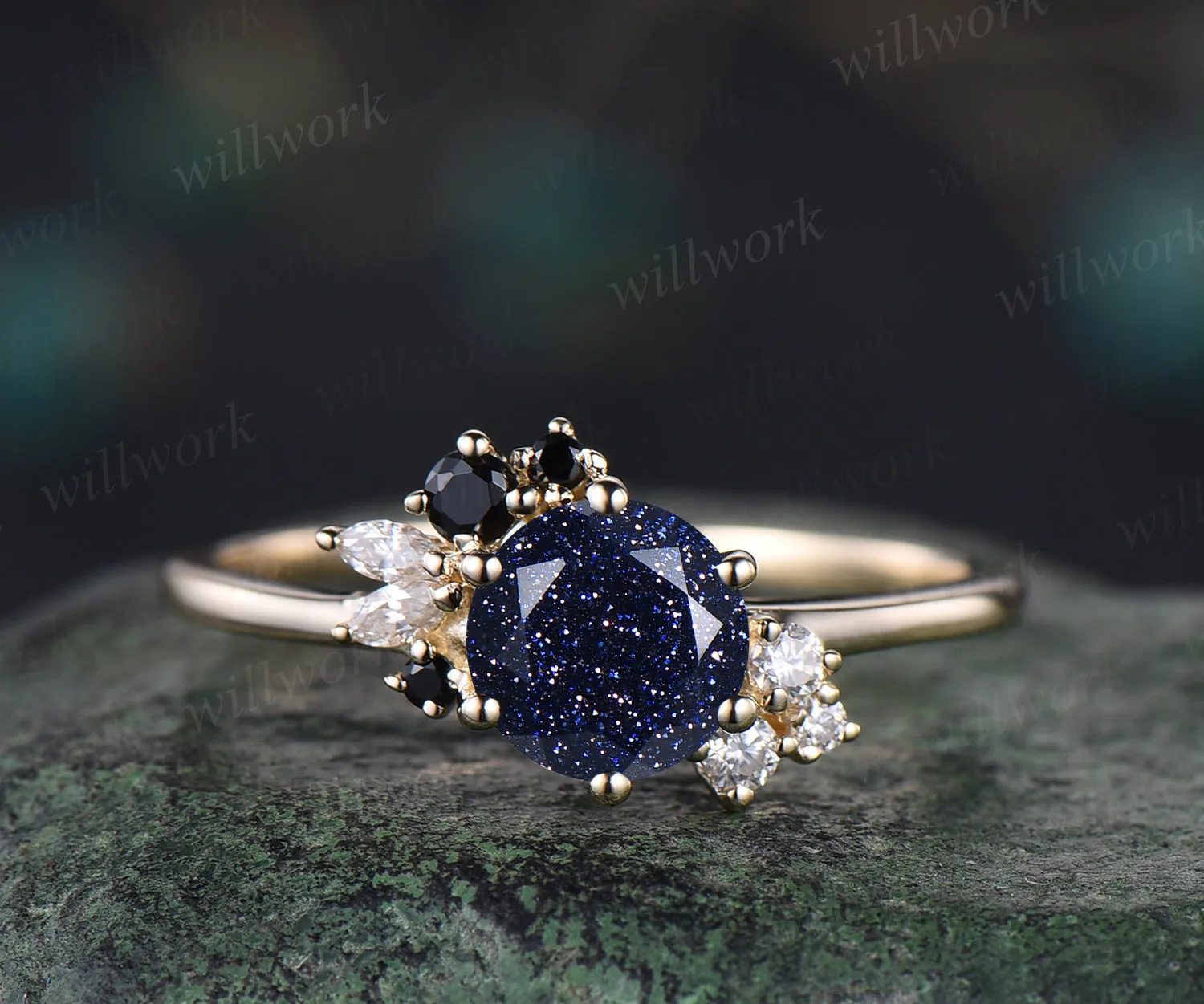 Vintage round cut blue sandstone engagement ring cluster black spinels marquise diamonds ring dainty bridal ring for women sold by Willwork Jewelry