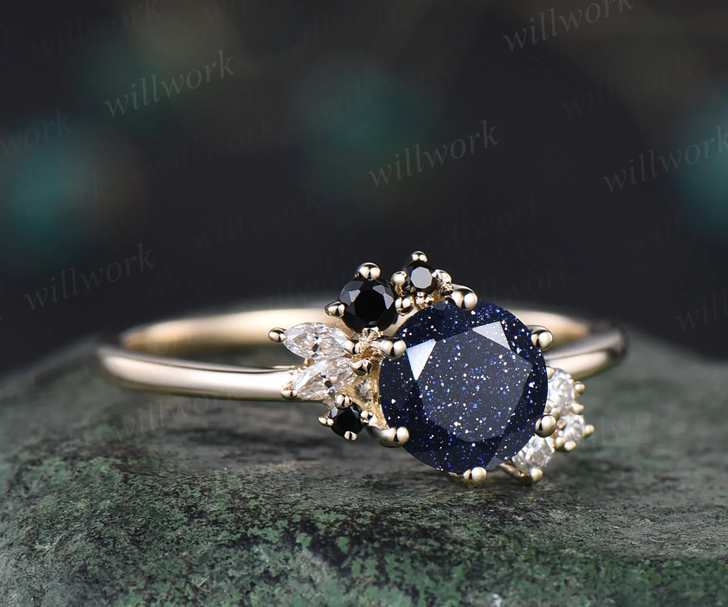 Vintage round cut blue sandstone engagement ring cluster black spinels marquise diamonds ring dainty bridal ring for women sold by Willwork Jewelry product image thumbnail 3
