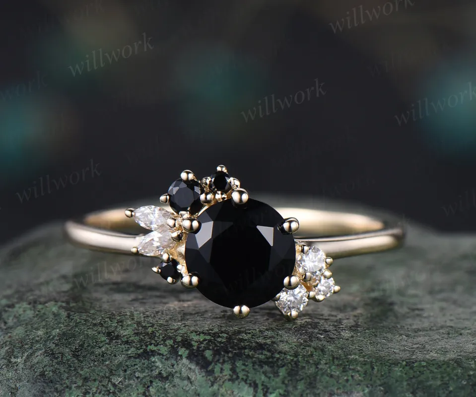 Unique natural round cut black onyx engagement ring art deco cluster yellow gold promise ring moissanite wedding band bridal gifts made by Willwork Jewelry