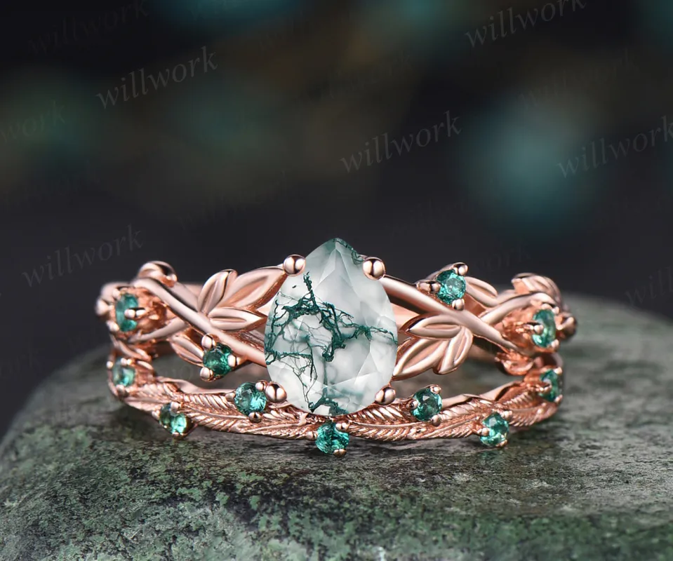 Unique twig teardrop moss agate engagement ring set 14k rose gold five stone leaf Nature inspired ring emerald art deco bridal ring set for women sold by Willwork Jewelry
