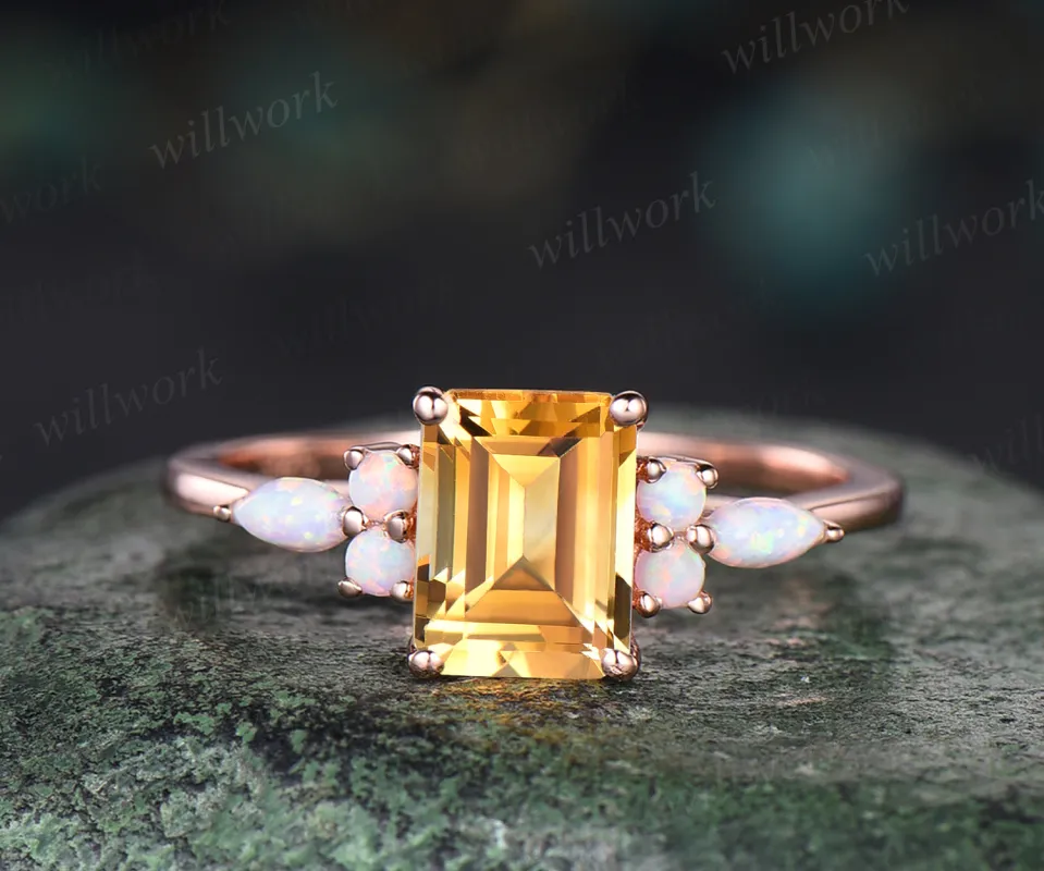 Natural citrine engagement ring unique emerald cut yellow cirrine ring November birthstone art deco opal ring for women jewelry gifts sold by Willwork Jewelry
