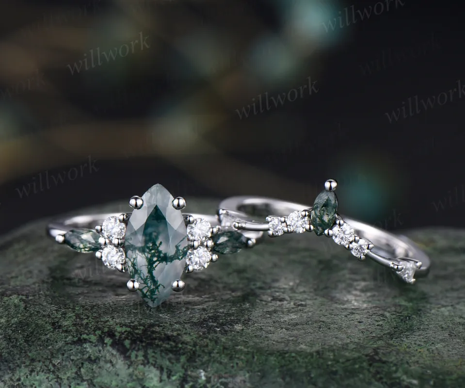 Unique marqiuse cut moss agate engagement ring set moss agate ring vintage 14k white gold 4 prong wedding ring set anniversary gifts for women sold by Willwork Jewelry