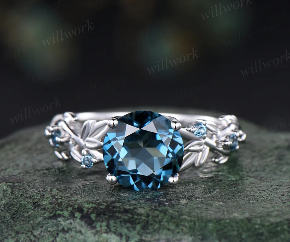 8mm round London blue topaz engagement ring twig leaf solid 14k white 5 stones ring December birthstone ring wedding anniversary bridal gift sold by Willwork Jewelry