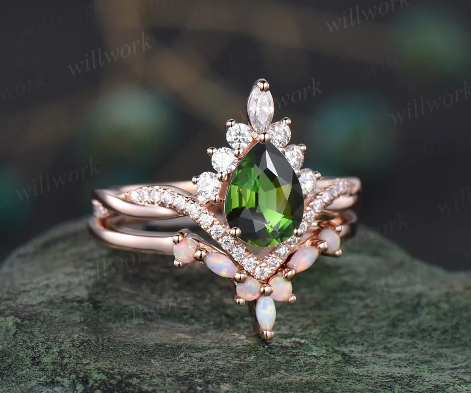Pear green Tourmaline ring rose gold Twisted halo moissanite ring art deco opal ring women unique engagement ring antique bridal set gift made by Willwork Jewelry