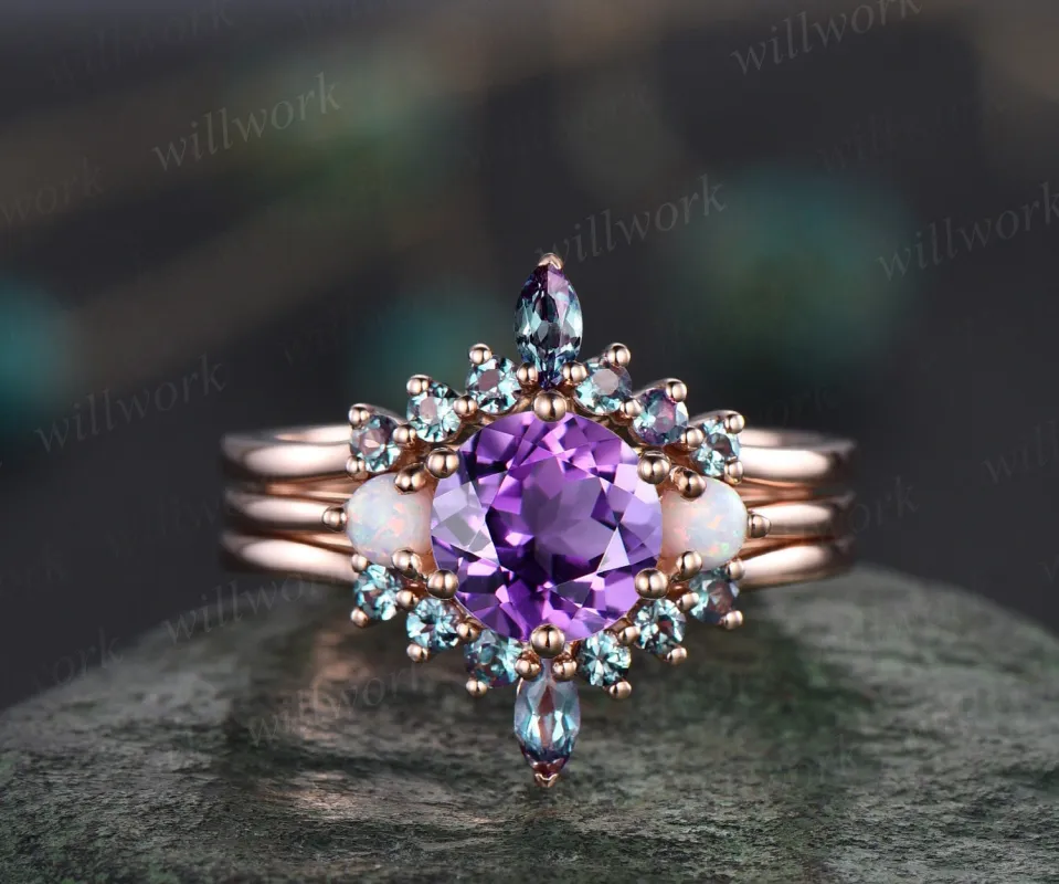Vintage purple amethyst engagement ring set rose gold three stone opal ring women alexandrite wedding ring set gemstone crystal ring gift sold by Willwork Jewelry