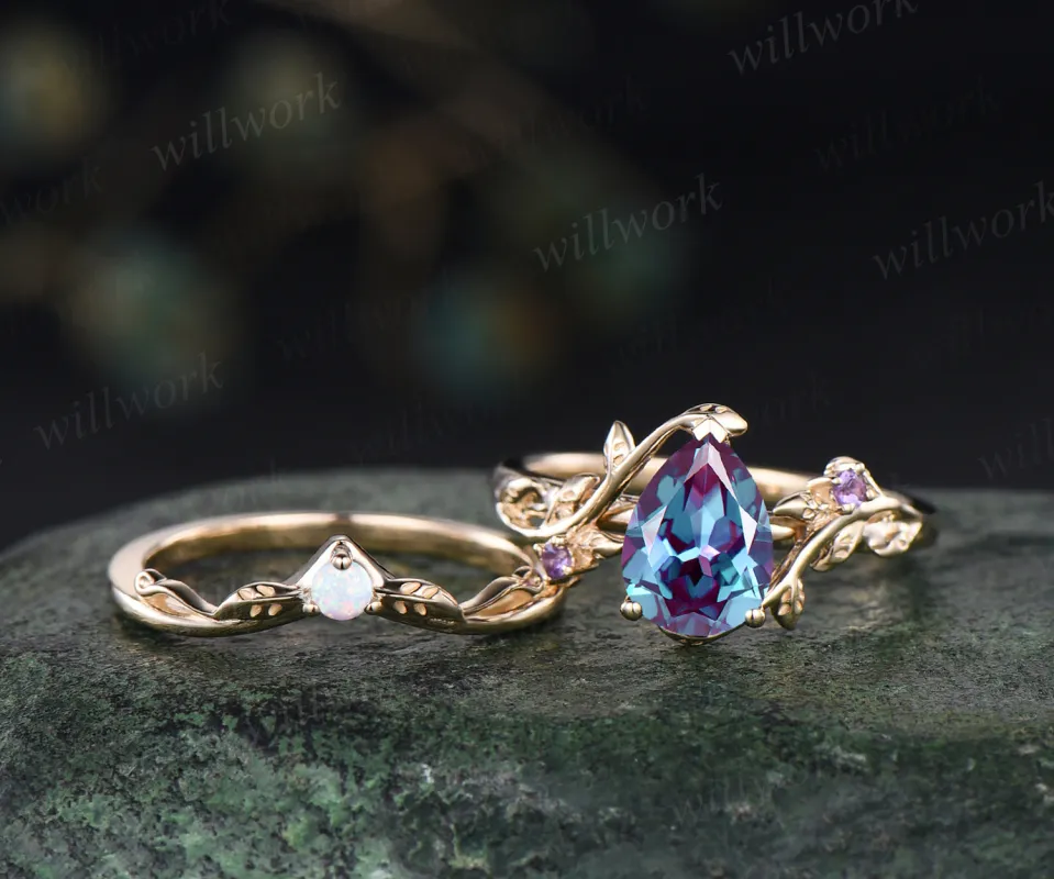 Teardrop Alexandrite engagement ring set nature inspired twig leaf color change gemstone amethyst ring opal wedding band birthstone ring bridal set sold by Willwork Jewelry