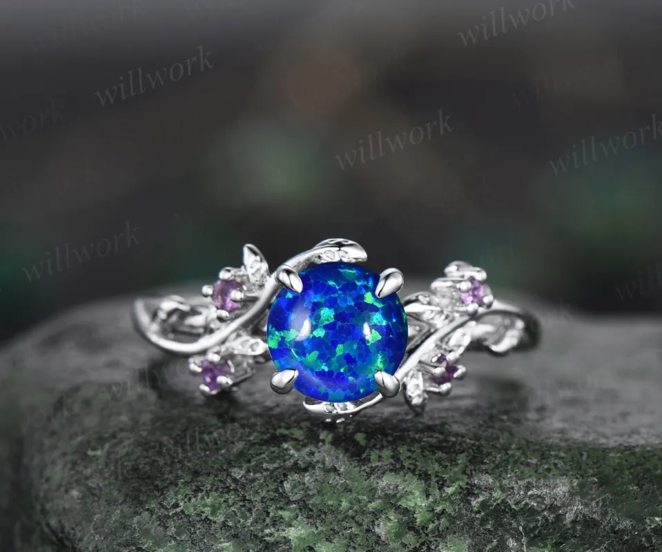 Vintage round blue opal engagement ring leaf 14k white gold ring branch twig nature inspired five stone amethyst bridal wedding ring women sold by Willwork Jewelry