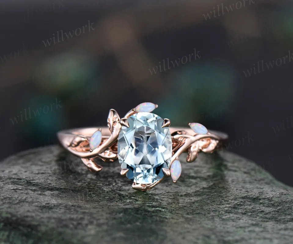 Oval aquamarine ring vintage leaf marquise opal ring women five stone unique nature inspired engagement ring twig wedding ring fine jewelry sold by Willwork Jewelry