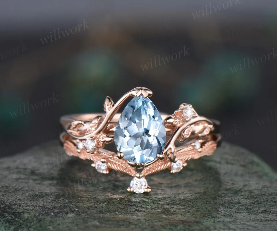Pear shaped natural aquamarine ring rose gold leaf nature inspired unique engagement ring women antique promise wedding bridal ring set gift sold by Willwork Jewelry