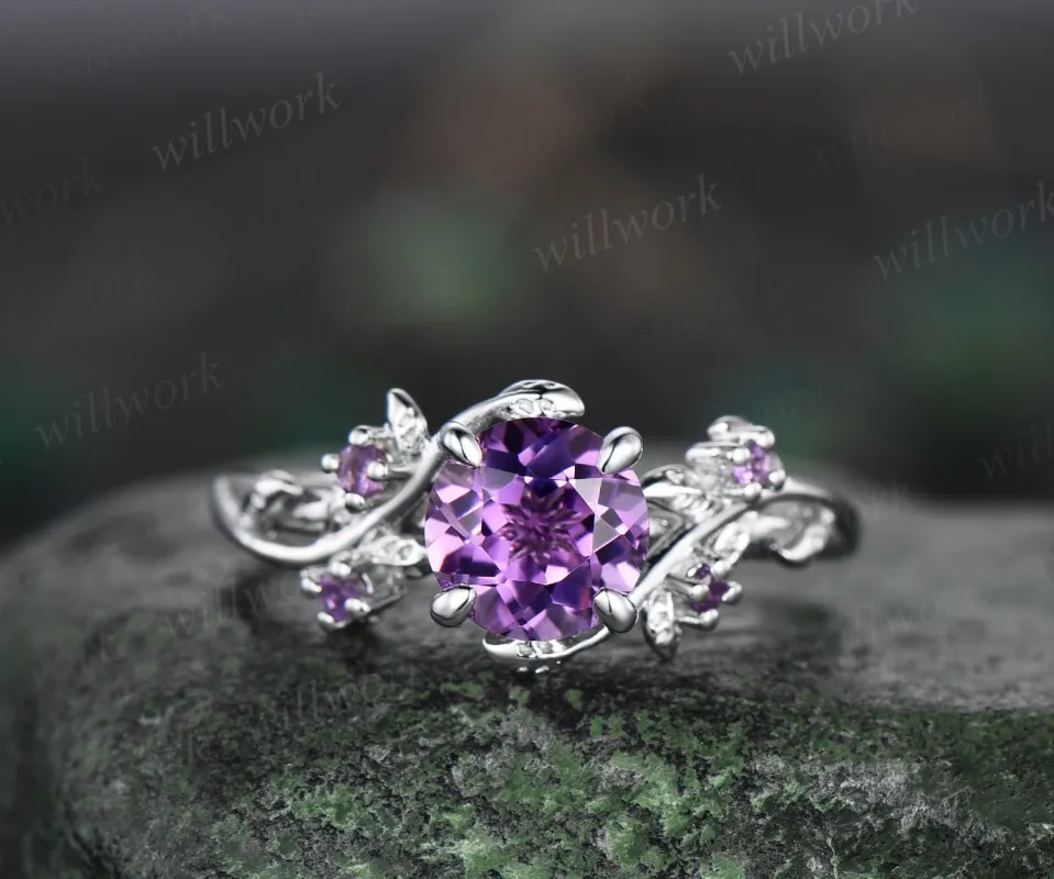 Vintage 1ct round purple amethyst engagement ring leaf 14k white gold ring branch twig nature inspired five stone bridal wedding ring women sold by Willwork Jewelry