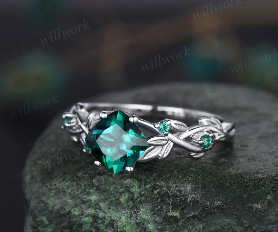 Twig cushion cut green emerald engagement ring 14k white gold five stone emerald ring vintage retro gemstone leaf wedding ring women gift sold by Willwork Jewelry