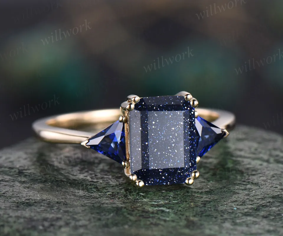 Vintage emerald cut blue sandstone engagement ring 14k yellow gold three stone Trilliant cut sapphire ring women gemstone ring Fine jewelry made by Willwork Jewelry