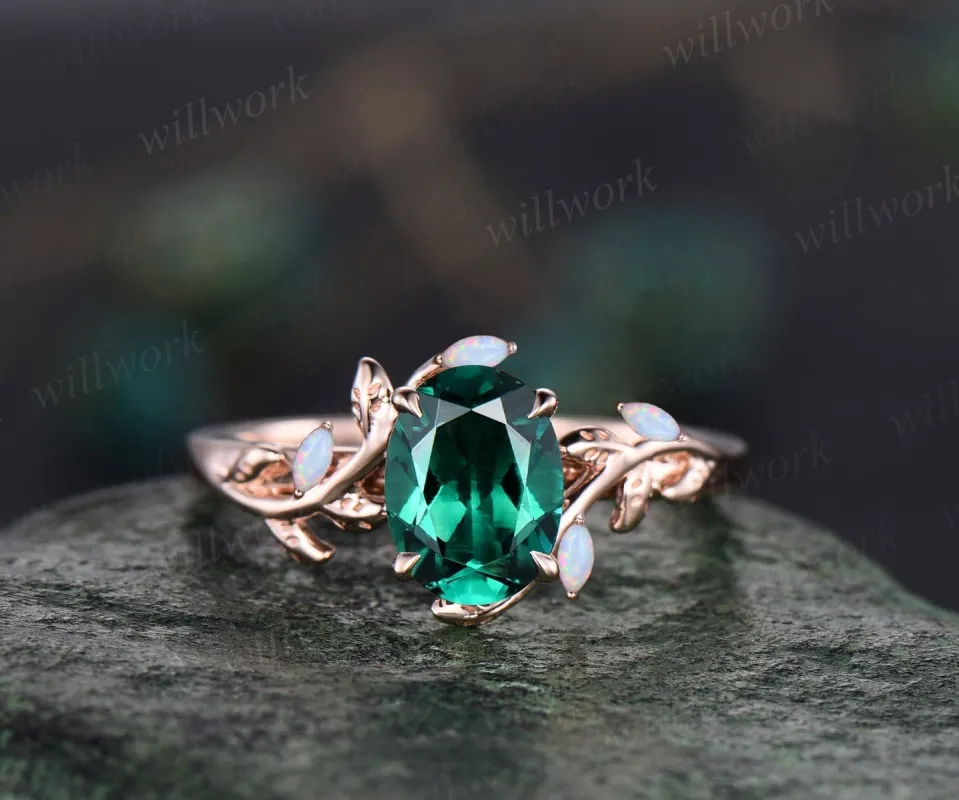 Oval emerald ring vintage leaf marquise opal ring women five stone unique nature inspired engagement ring twig wedding ring rose gold gift sold by Willwork Jewelry