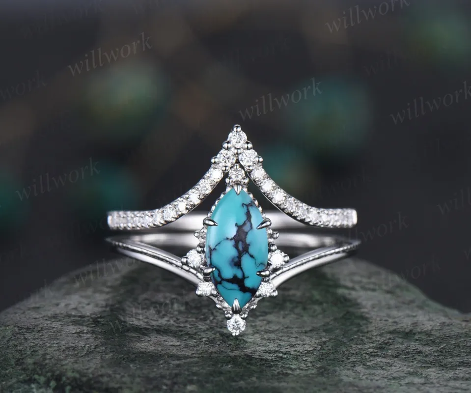 Marquise Turquoise ring Vintage white gold cluster diamond ring unique engagement ring stacking ring set 6 prong bridal set women jewelry made by Willwork Jewelry