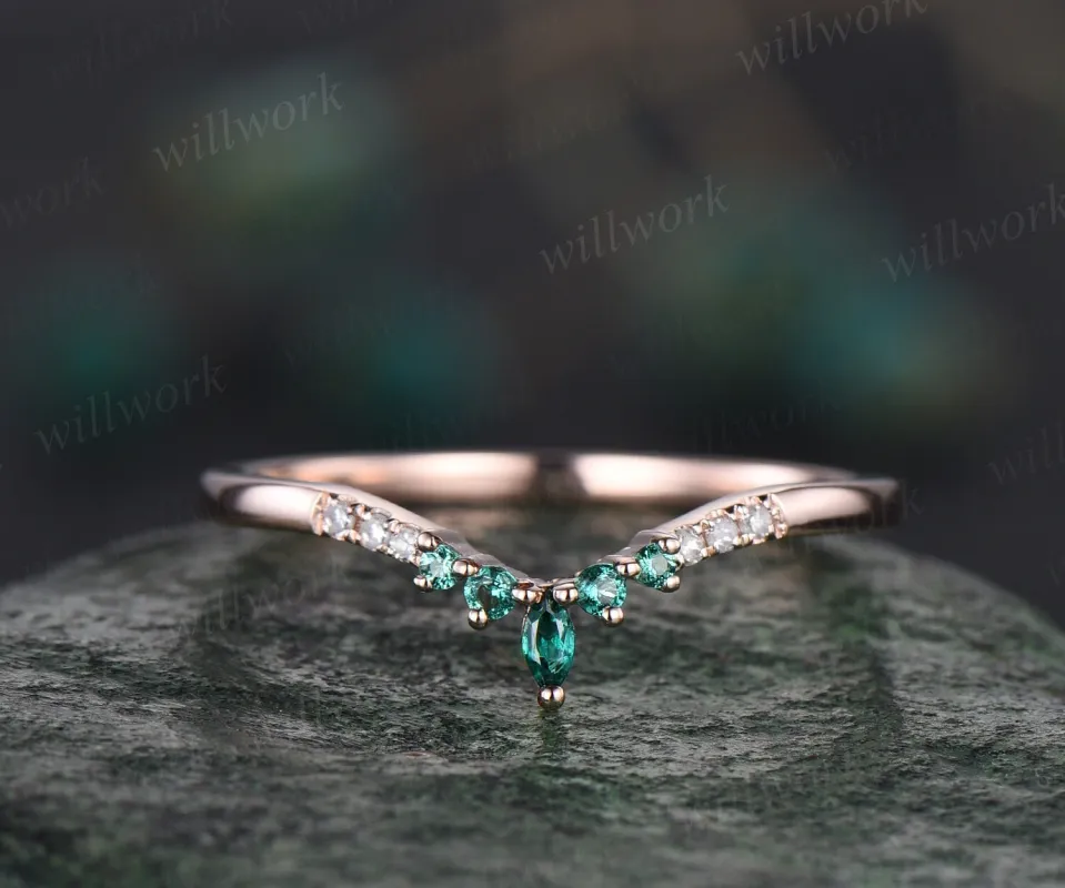 Curved marquise emerald wedding band 14k rose gold moissanite wedding ring band Statement stacking ring women May birthstone ring gift sold by Willwork Jewelry