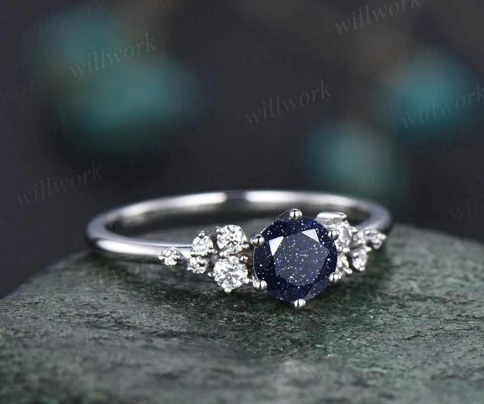 Vintage round blue sandstone engagement ring white gold unique snowdrift 6 prong engagement ring dainty diamond wedding ring for women gift sold by Willwork Jewelry