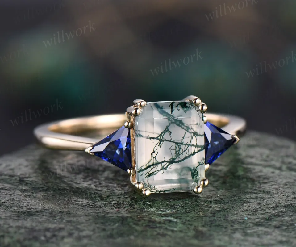 Emerald cut green moss agate ring 14k yellow gold Trilliant sapphire ring three stone unique engagement ring Minimalist wedding ring women sold by Willwork Jewelry