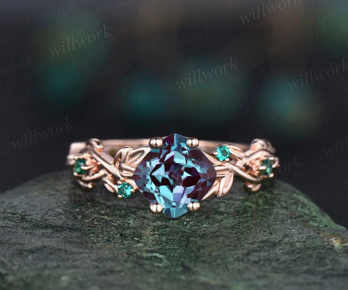 Twig cushion cut alexandrite engagement ring 14k white gold five stone emerald ring vintage retro gemstone leaf bridal wedding ring women sold by Willwork Jewelry product image thumbnail 3