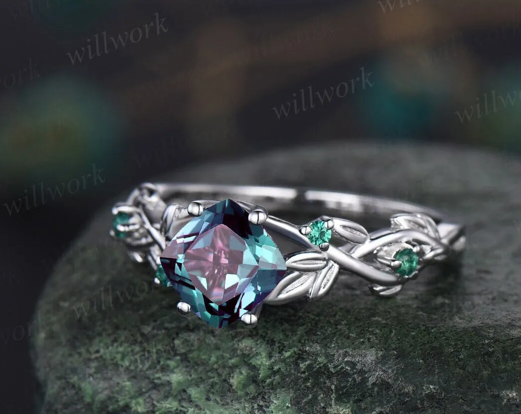 Twig cushion cut alexandrite engagement ring 14k white gold five stone emerald ring vintage retro gemstone leaf bridal wedding ring women sold by Willwork Jewelry product image thumbnail 4