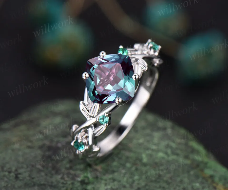 Twig cushion cut alexandrite engagement ring 14k white gold five stone emerald ring vintage retro gemstone leaf bridal wedding ring women sold by Willwork Jewelry