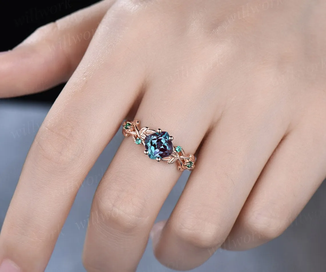Twig cushion cut alexandrite engagement ring 14k white gold five stone emerald ring vintage retro gemstone leaf bridal wedding ring women sold by Willwork Jewelry product image thumbnail 2