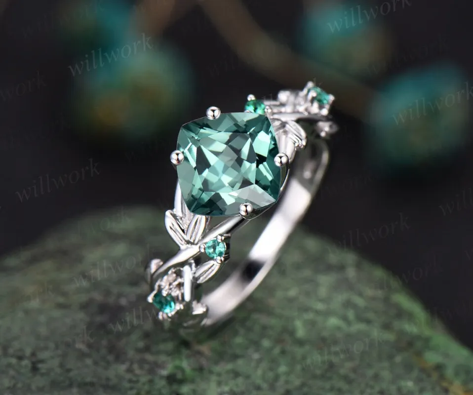 Twig cushion cut green sapphire engagement ring 14k white gold five stone emerald ring vintage retro gemstone leaf wedding ring women gift sold by Willwork Jewelry