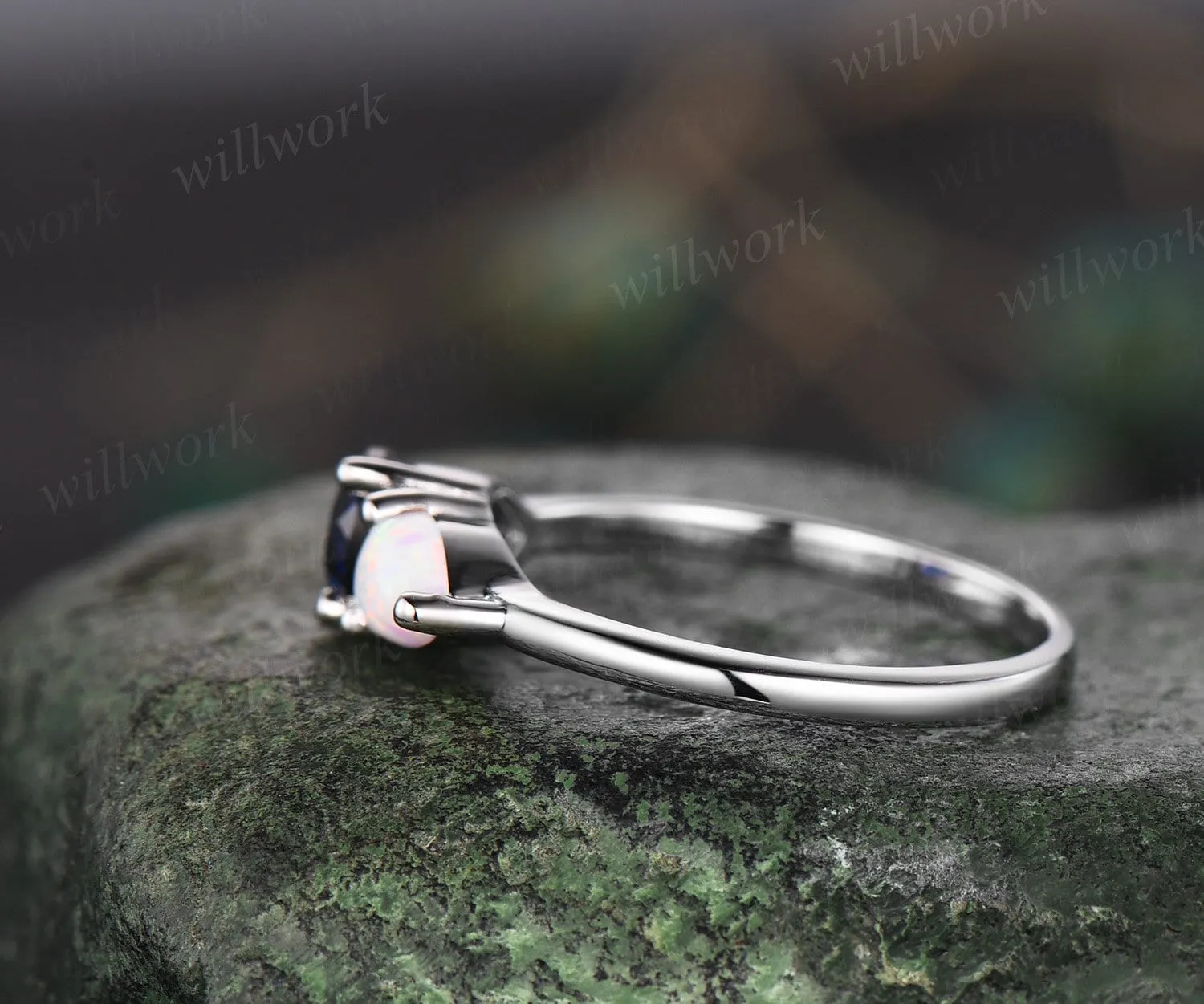Toi et Moi pear sapphire ring white gold white opal ring vintage Minimalist unique engagement ring dainty gemstone anniversary ring women sold by Willwork Jewelry product image thumbnail 4