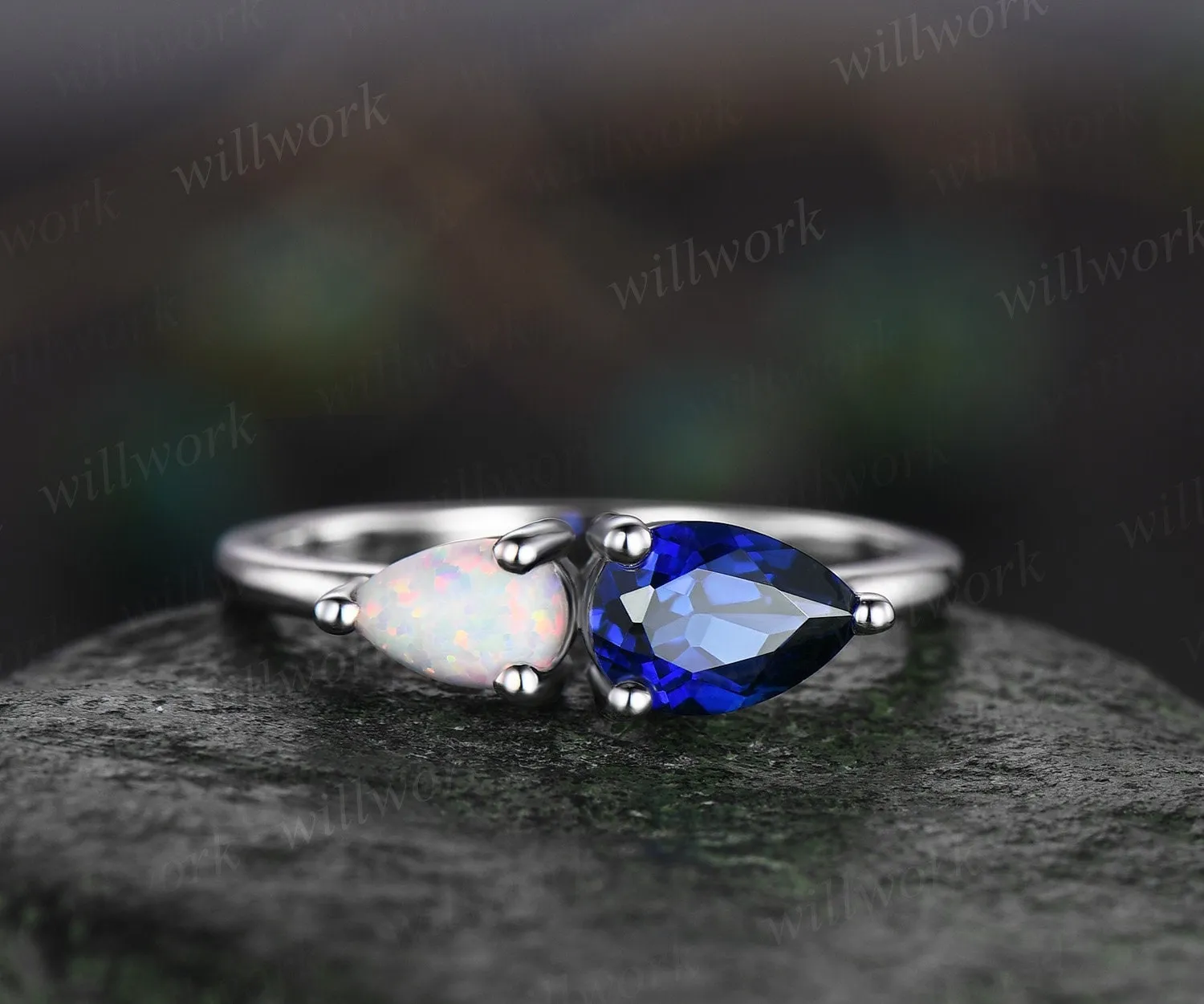 Toi et Moi pear sapphire ring white gold white opal ring vintage Minimalist unique engagement ring dainty gemstone anniversary ring women sold by Willwork Jewelry