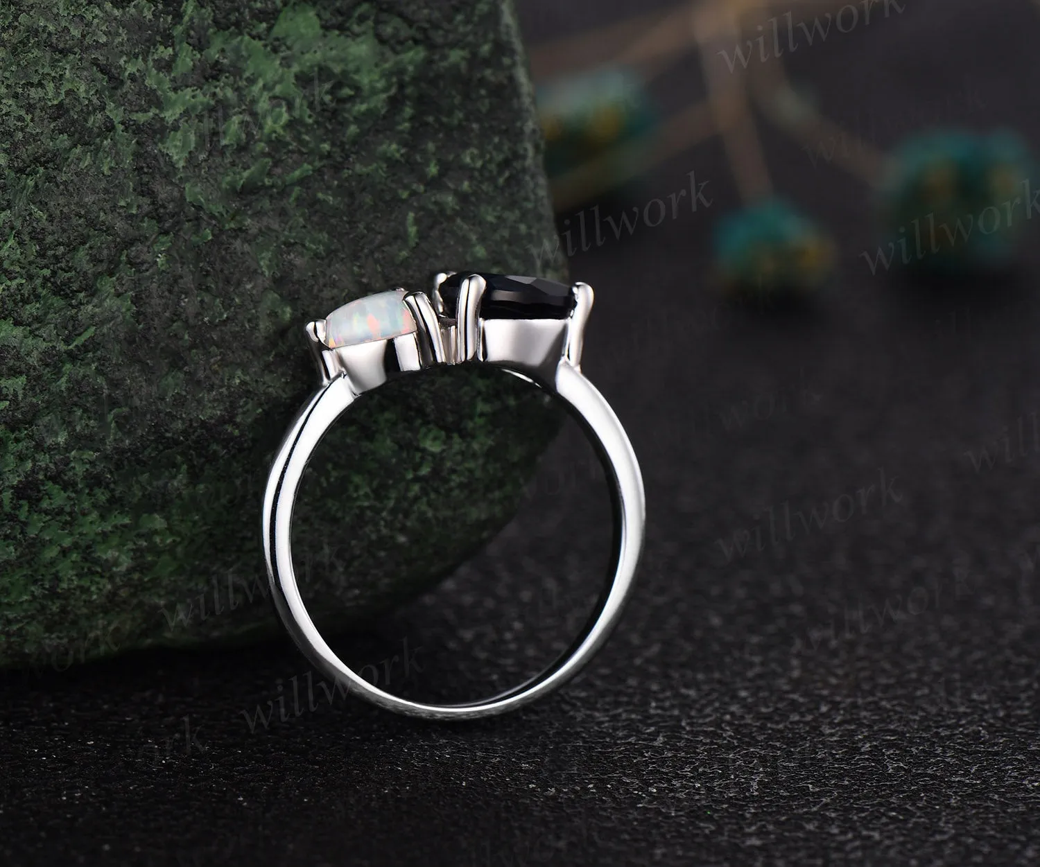 Toi et Moi pear sapphire ring white gold white opal ring vintage Minimalist unique engagement ring dainty gemstone anniversary ring women sold by Willwork Jewelry product image thumbnail 5