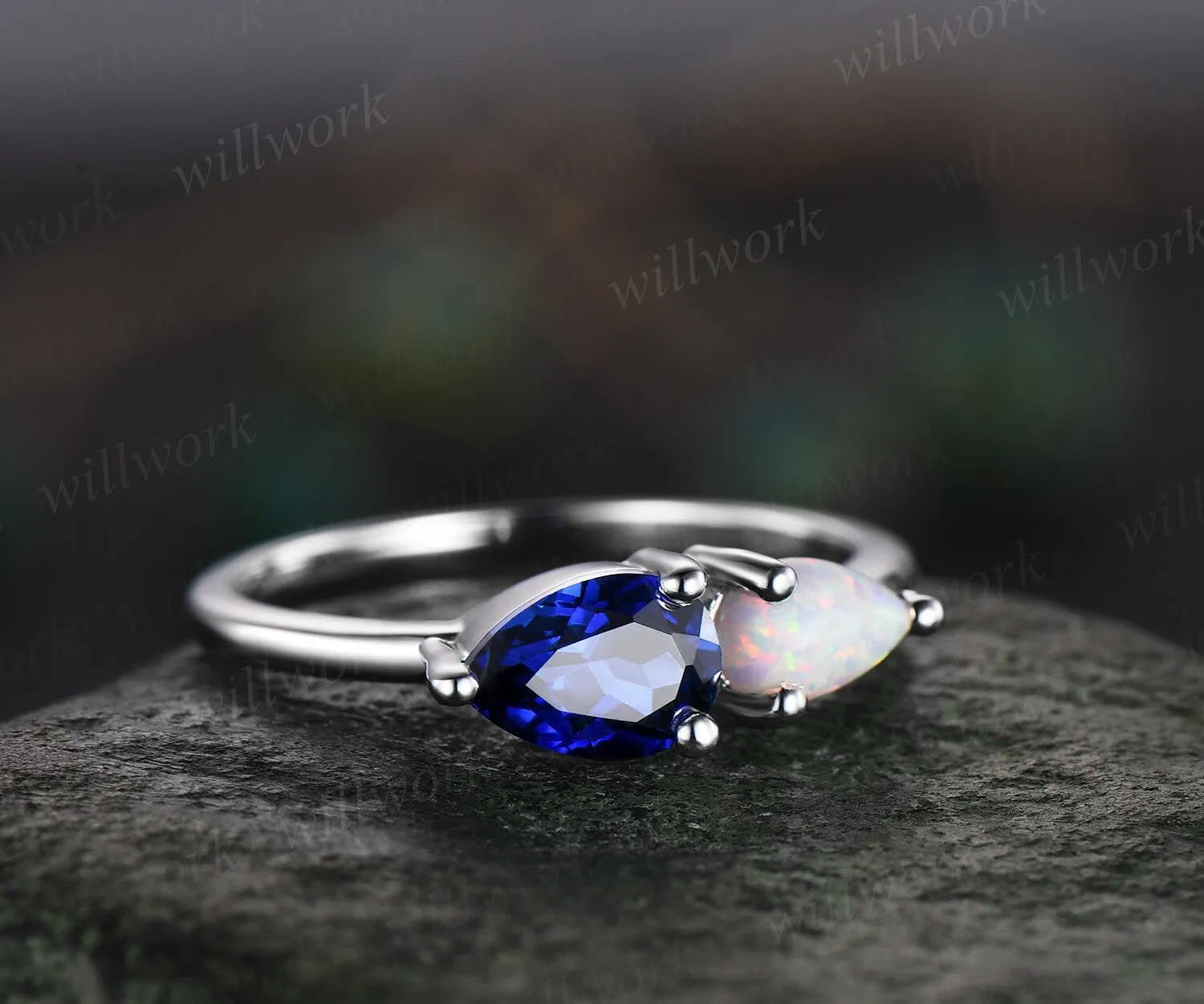 Toi et Moi pear sapphire ring white gold white opal ring vintage Minimalist unique engagement ring dainty gemstone anniversary ring women sold by Willwork Jewelry product image thumbnail 3