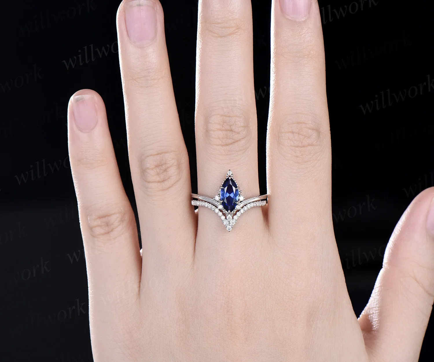 Marquise sapphire ring Vintage white gold cluster diamond ring unique engagement ring stacking ring set 6 prong bridal set women jewelry sold by Willwork Jewelry product image thumbnail 5