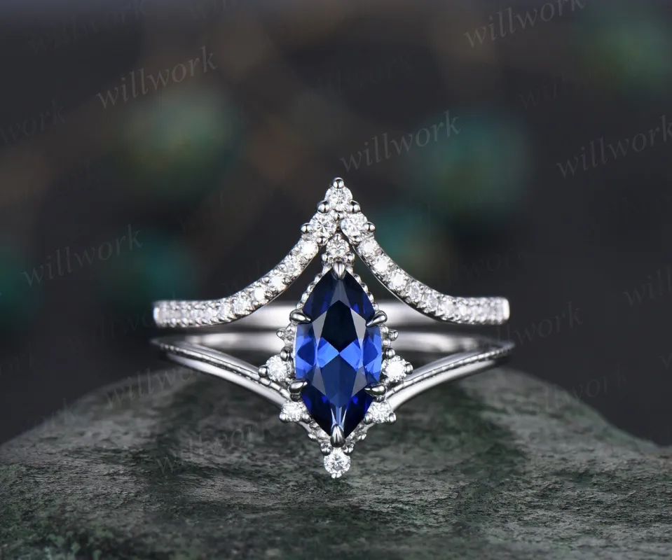 Marquise sapphire ring Vintage white gold cluster diamond ring unique engagement ring stacking ring set 6 prong bridal set women jewelry sold by Willwork Jewelry