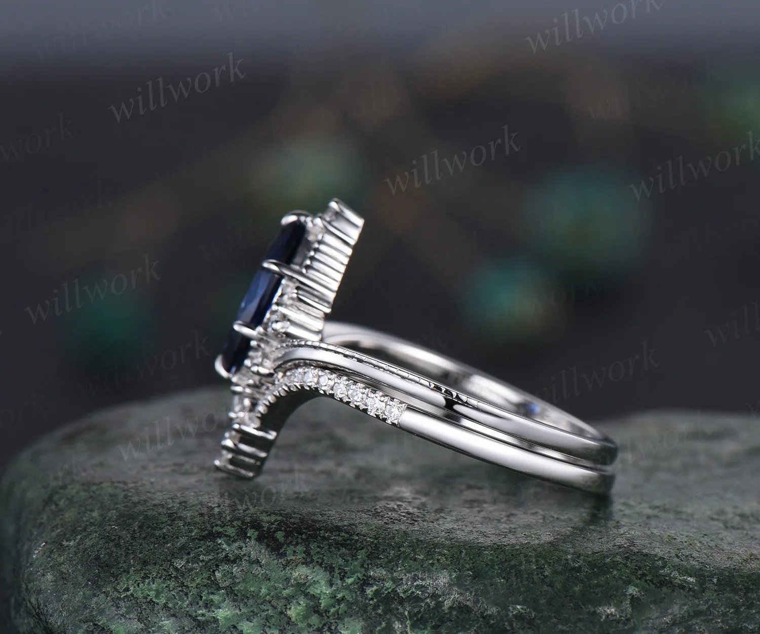 Marquise sapphire ring Vintage white gold cluster diamond ring unique engagement ring stacking ring set 6 prong bridal set women jewelry sold by Willwork Jewelry product image thumbnail 4