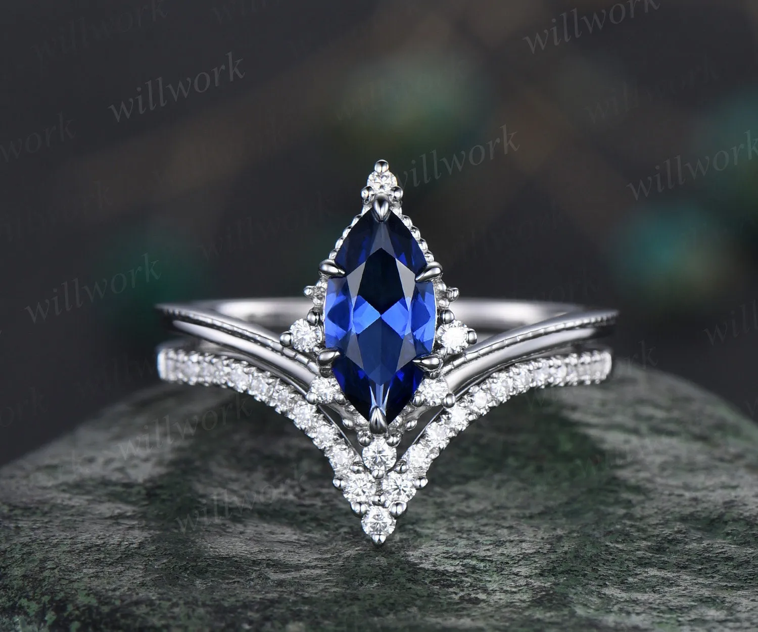 Marquise sapphire ring Vintage white gold cluster diamond ring unique engagement ring stacking ring set 6 prong bridal set women jewelry sold by Willwork Jewelry product image thumbnail 3