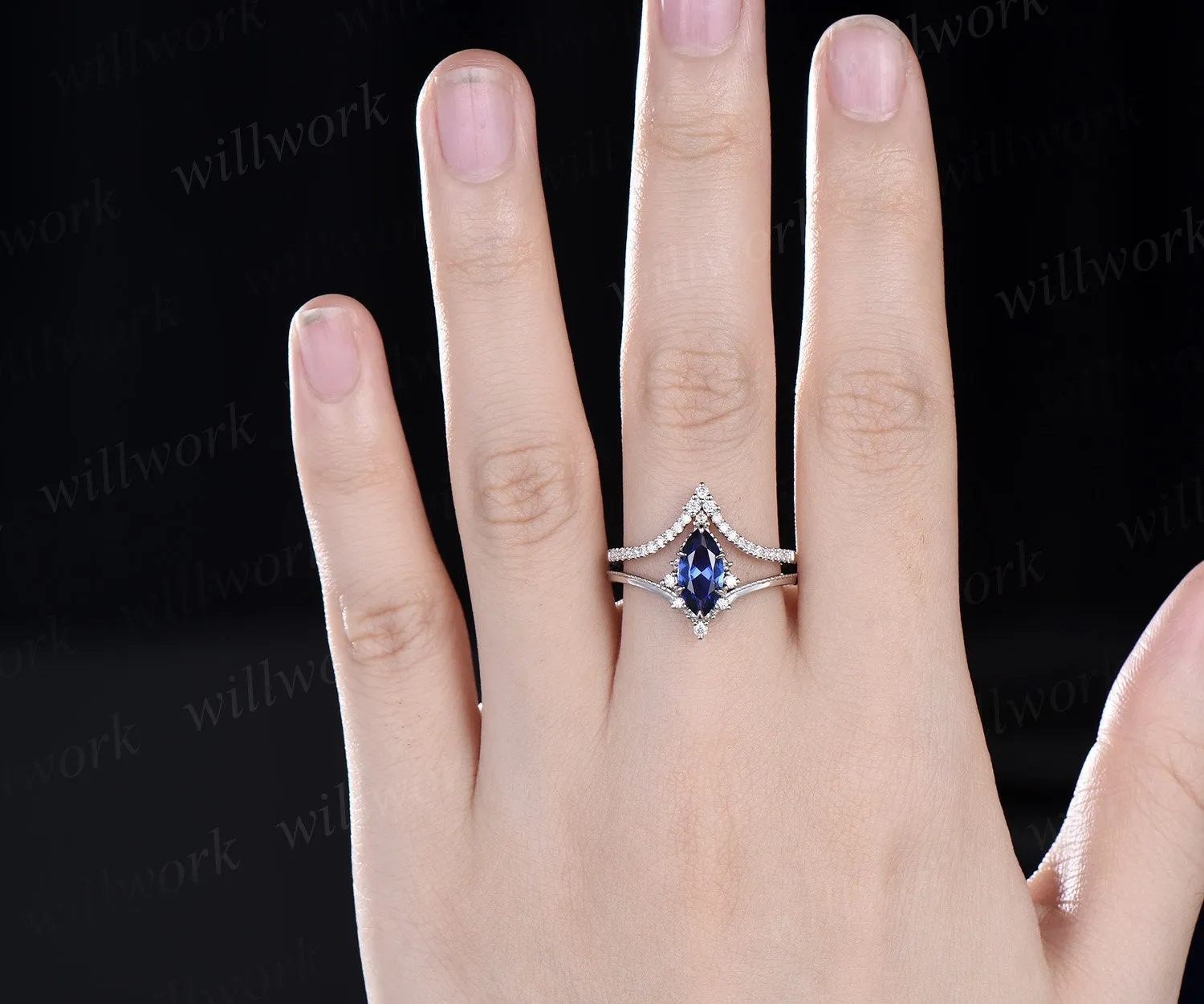 Marquise sapphire ring Vintage white gold cluster diamond ring unique engagement ring stacking ring set 6 prong bridal set women jewelry sold by Willwork Jewelry product image thumbnail 2