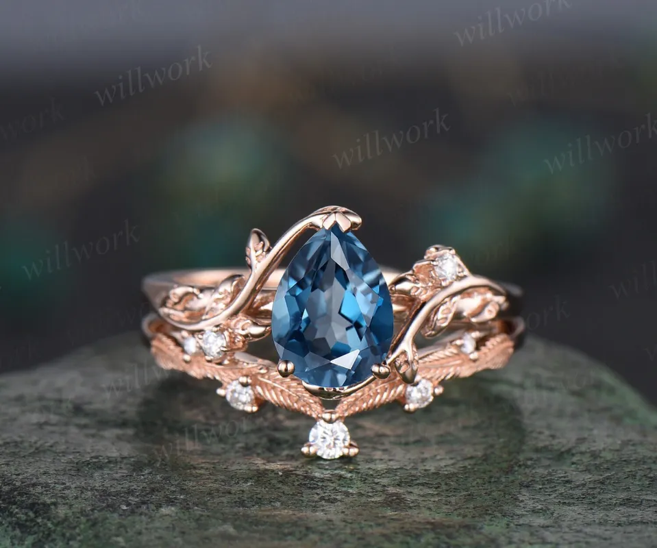 Vintage pear shaped London blue topaz engagement ring rose gold leaf nature inspired diamond bridal set women unique wedding ring gemstone sold by Willwork Jewelry