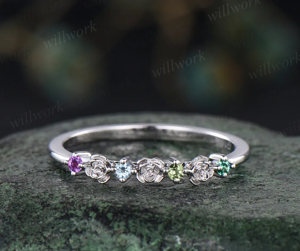 Dainty flower natural amethyst wedding band 14k white gold Multi-stone colorful gems stacking band for women anniversary ring gift sold by Willwork Jewelry