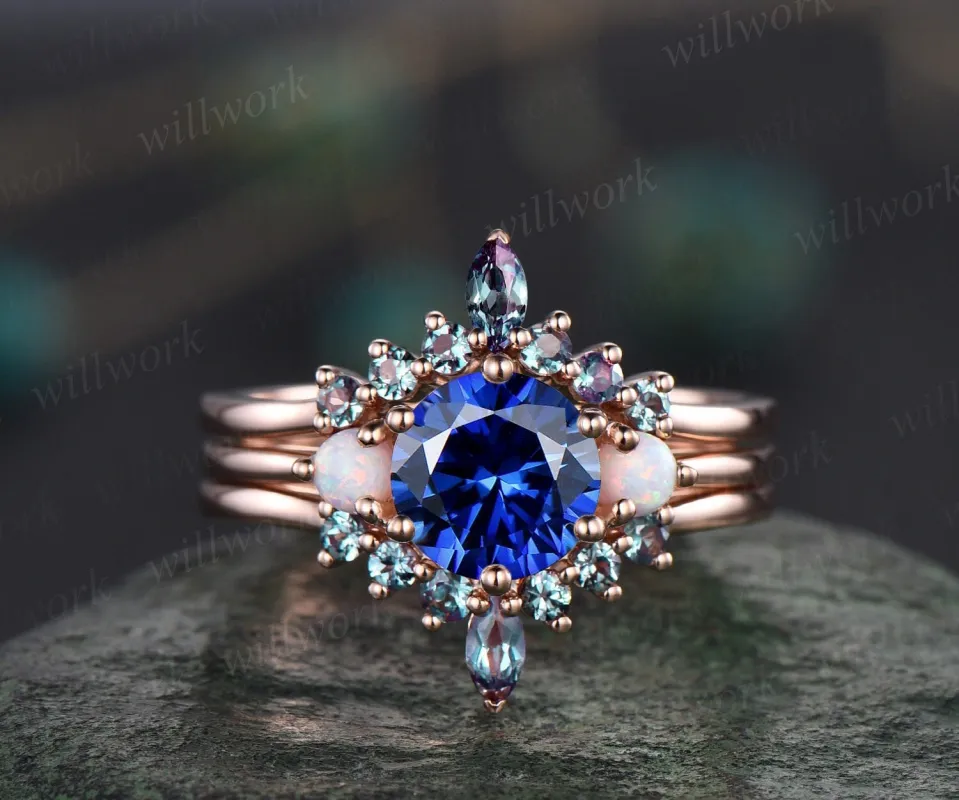 Vintage blue sapphire engagement ring set rose gold three stone opal ring women alexandrite bridal wedding ring set gemstone ring gift sold by Willwork Jewelry