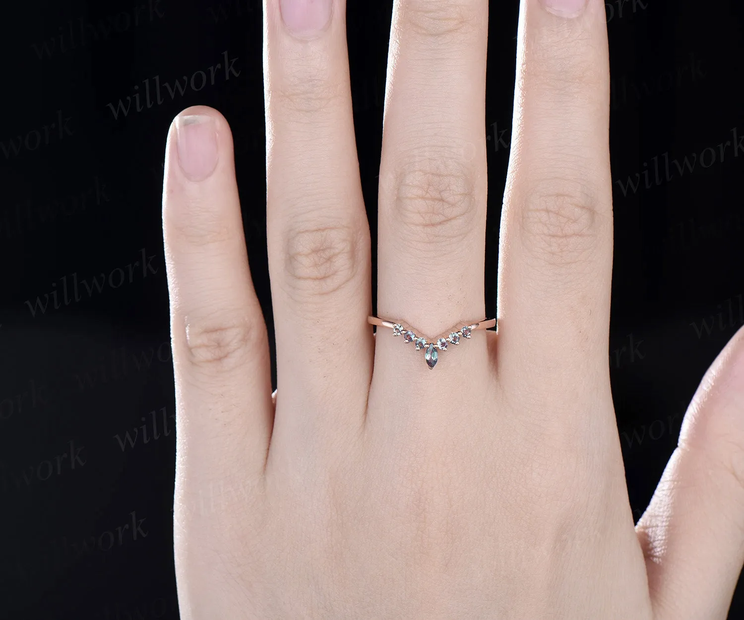 Marquise Curved Alexandrite wedding band 14k rose gold women stacking June birthstone ring color change anniversary bridal ring gift for her sold by Willwork Jewelry product image thumbnail 2
