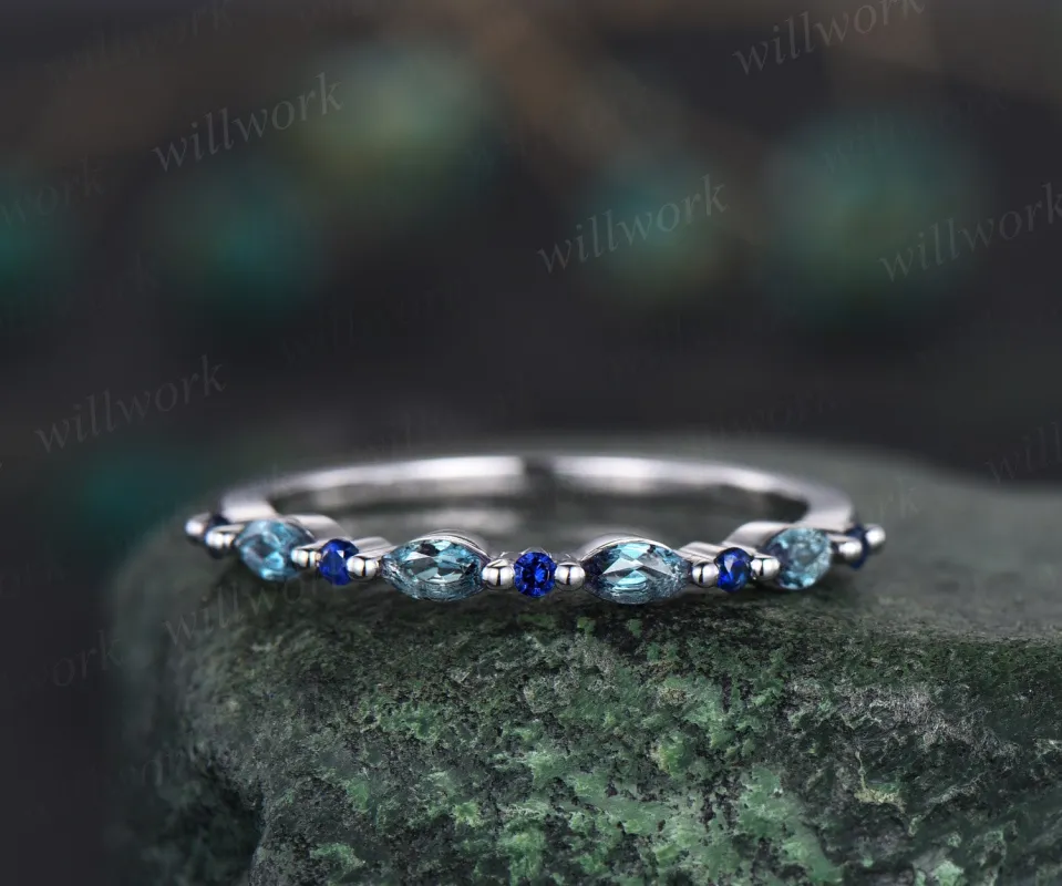 Marquise cut alexandrite wedding band 14k white gold natural sapphire ring vintage art deco wedding ring dainty anniversary ring gift sold by Willwork Jewelry