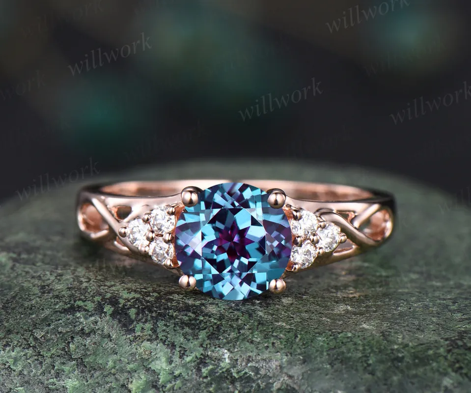 Vintage alexandrite engagement ring round cut color change gemstone ring moissanites infinity 7 stones wedding ring June birthstone jewelry gifts for women sold by Willwork Jewelry
