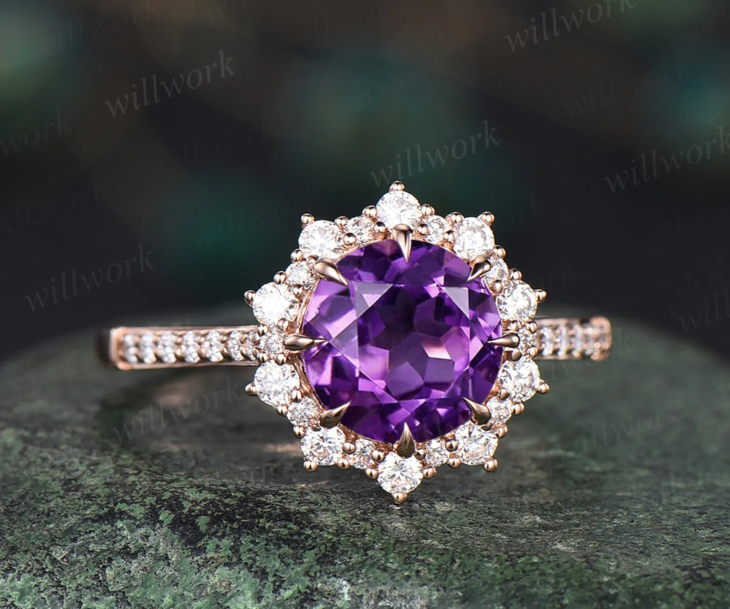 Round amethyst engagement ring moissanites halo amethyst ring vintage half eternity moissanite ring February jewelry wedding bridal ring sold by Willwork Jewelry product image thumbnail 3