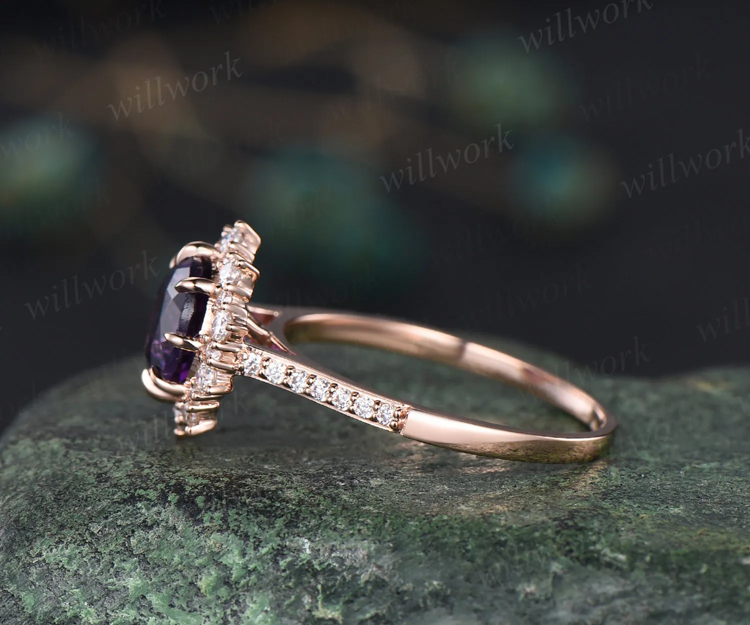 Round amethyst engagement ring moissanites halo amethyst ring vintage half eternity moissanite ring February jewelry wedding bridal ring sold by Willwork Jewelry product image thumbnail 4