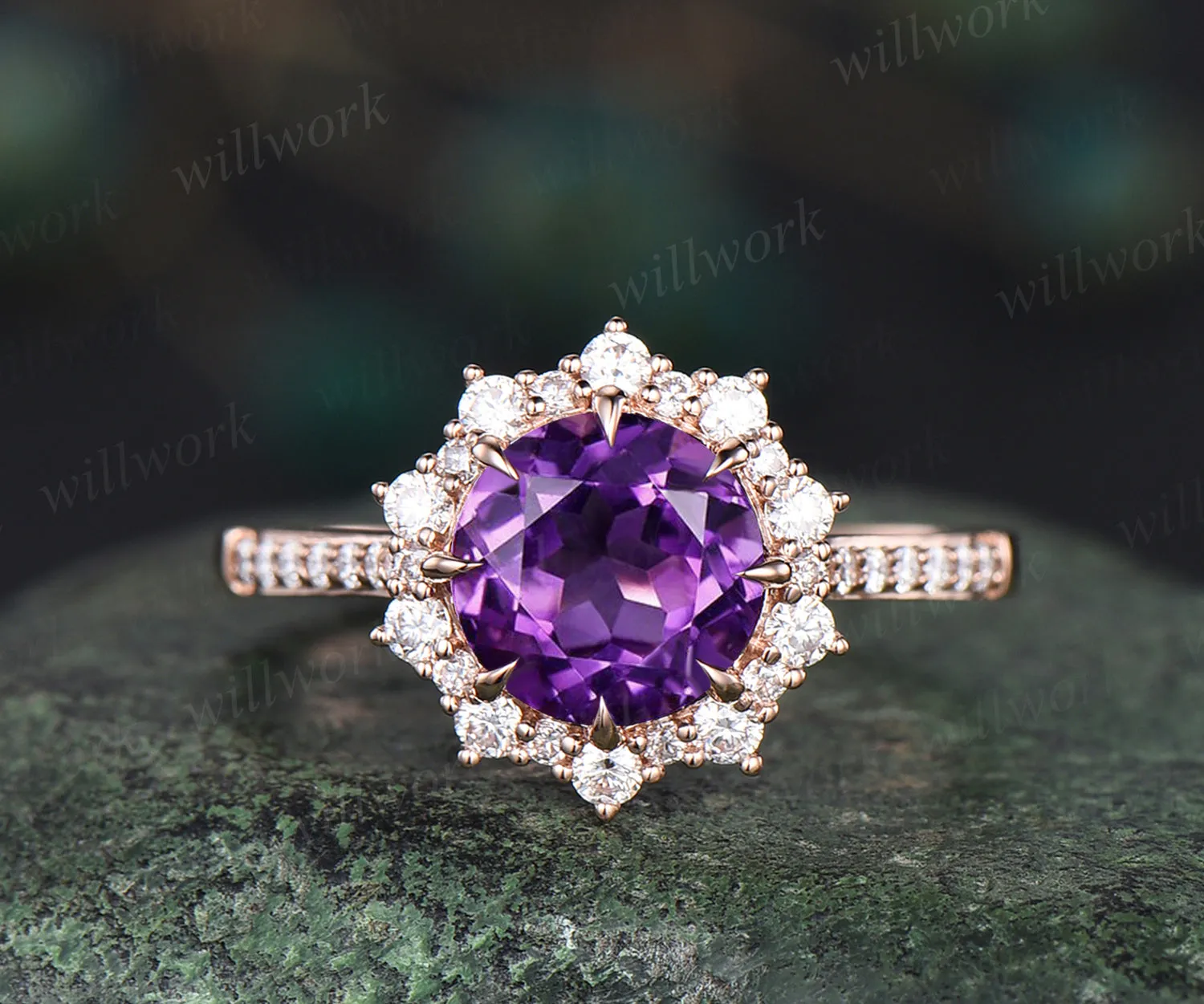 Round amethyst engagement ring moissanites halo amethyst ring vintage half eternity moissanite ring February jewelry wedding bridal ring sold by Willwork Jewelry