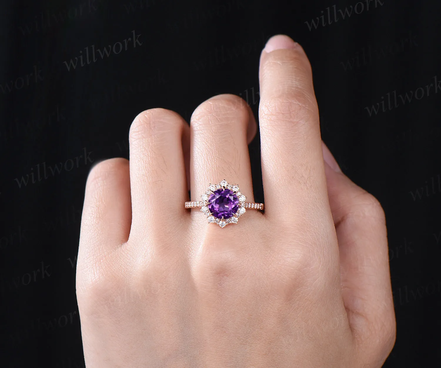 Round amethyst engagement ring moissanites halo amethyst ring vintage half eternity moissanite ring February jewelry wedding bridal ring sold by Willwork Jewelry product image thumbnail 2