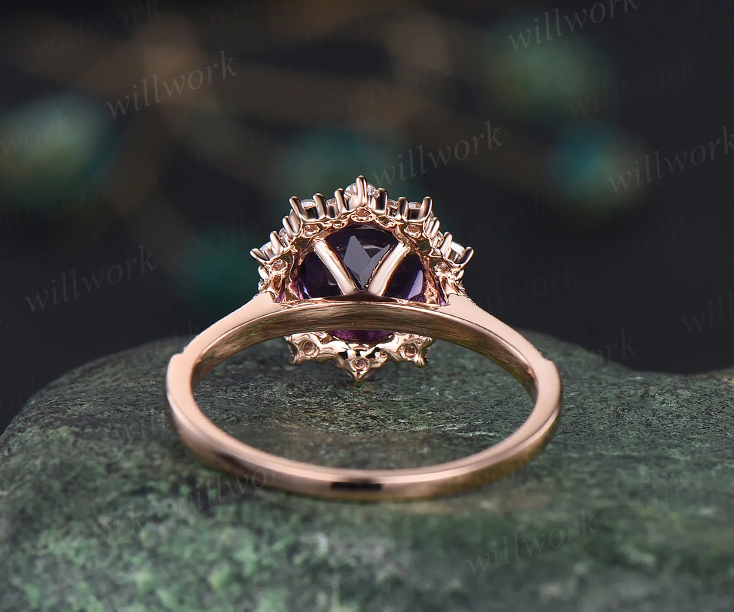 Round amethyst engagement ring moissanites halo amethyst ring vintage half eternity moissanite ring February jewelry wedding bridal ring sold by Willwork Jewelry product image thumbnail 5