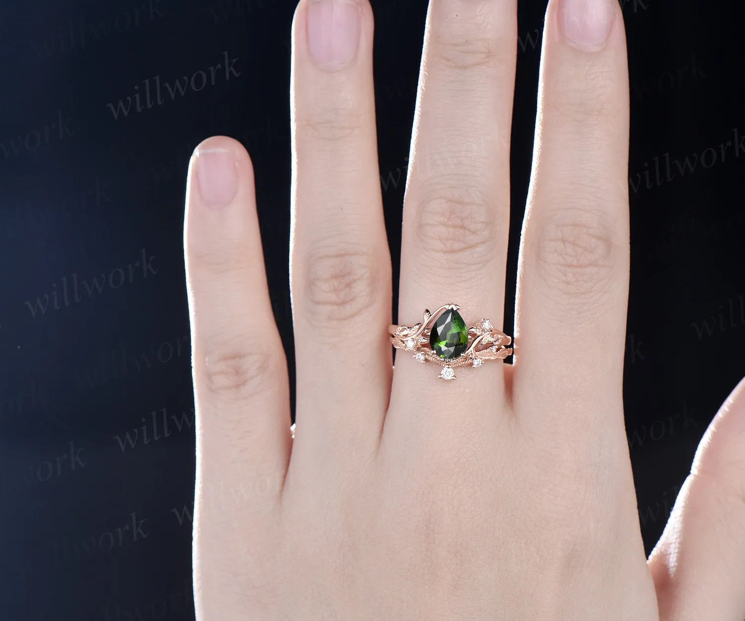 Pear shaped natural green Tourmaline ring rose gold leaf nature inspired unique engagement ring women art deco wedding bridal ring set gift sold by Willwork Jewelry product image thumbnail 2