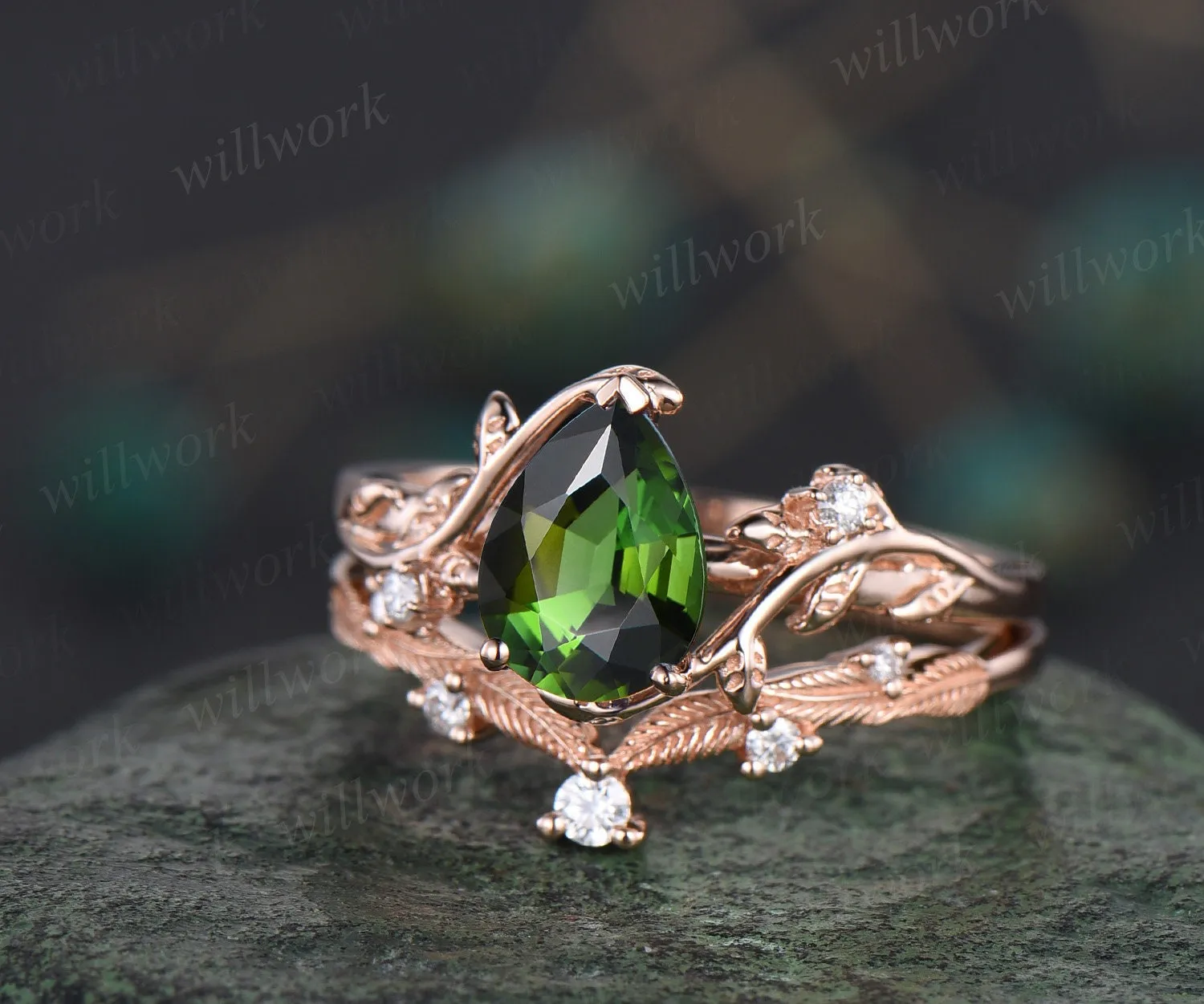 Pear shaped natural green Tourmaline ring rose gold leaf nature inspired unique engagement ring women art deco wedding bridal ring set gift sold by Willwork Jewelry product image thumbnail 3