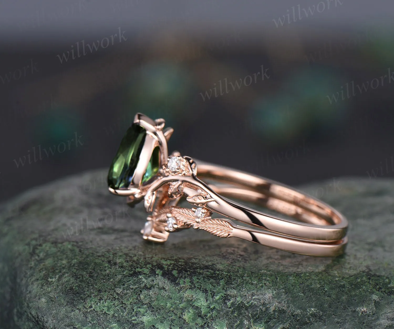 Pear shaped natural green Tourmaline ring rose gold leaf nature inspired unique engagement ring women art deco wedding bridal ring set gift sold by Willwork Jewelry product image thumbnail 4