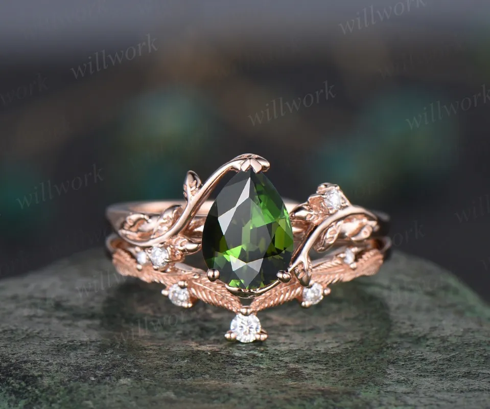 Pear shaped natural green Tourmaline ring rose gold leaf nature inspired unique engagement ring women art deco wedding bridal ring set gift made by Willwork Jewelry
